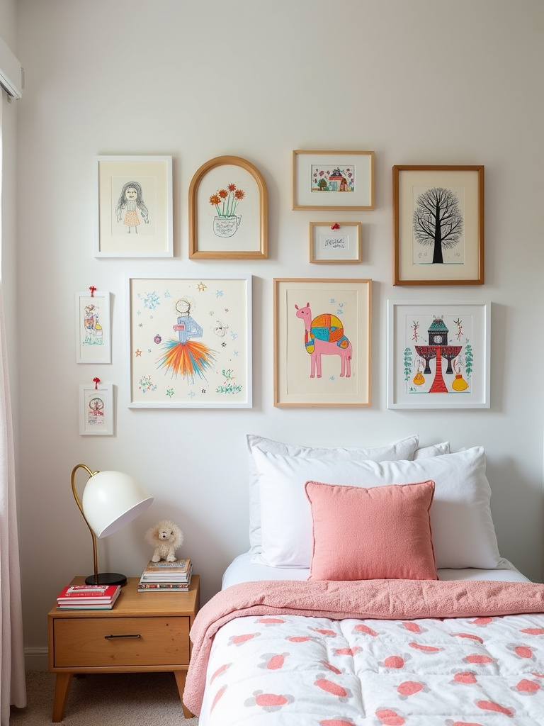 Kids bedroom gallery wall displaying children’s artistic masterpieces.