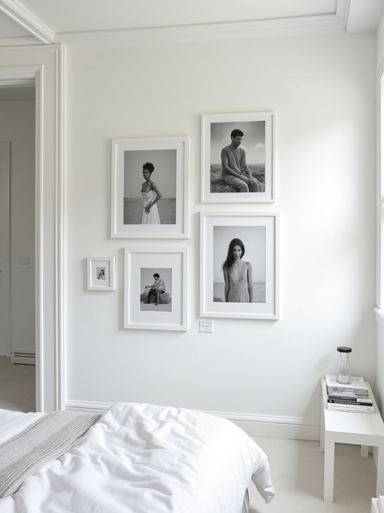 White bedroom wall with a gallery wall of black and white art prints and photographs.