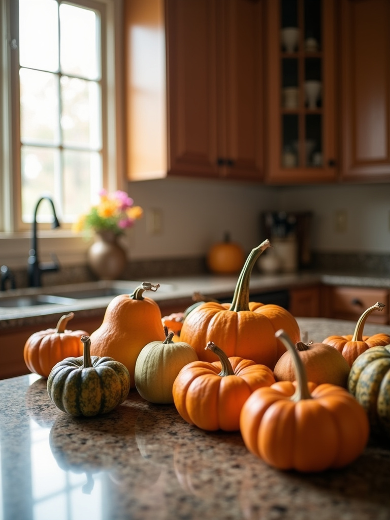 Autumnal display of pumpkins and gourds on a granite kitchen countertop in a naturally lit kitchen.