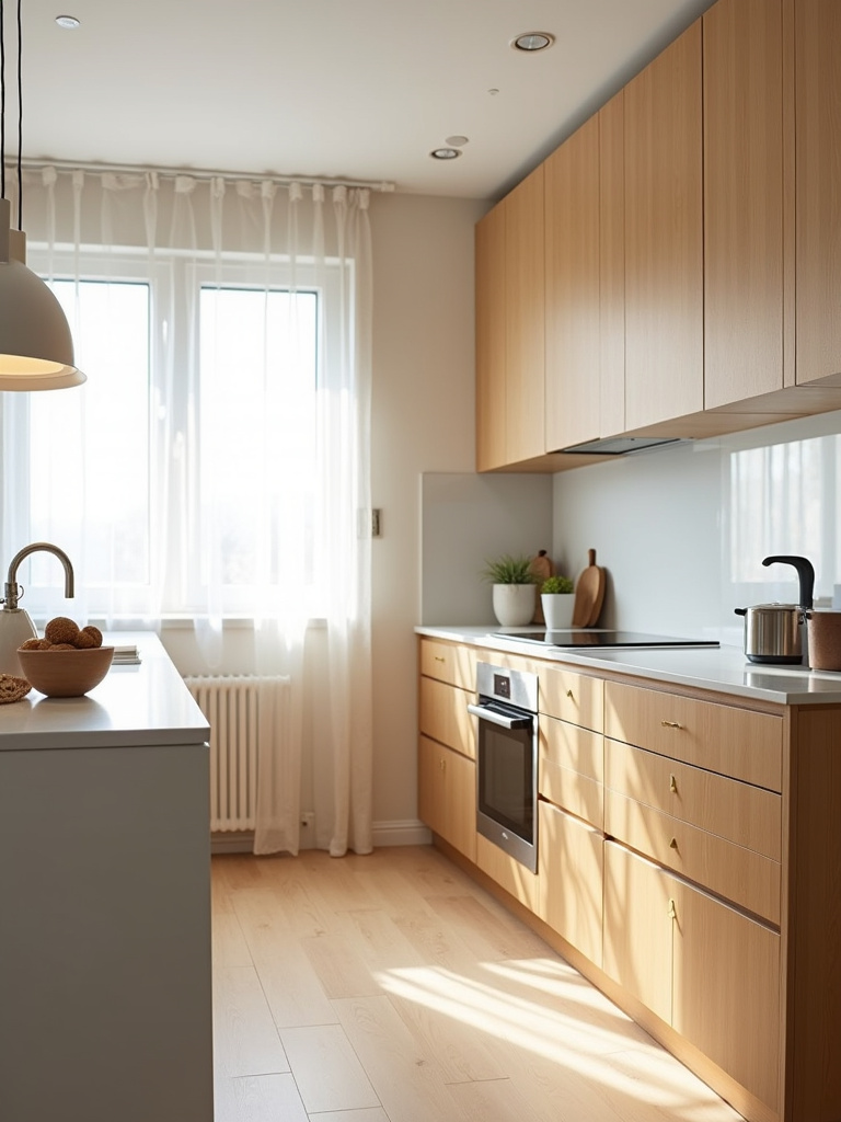 Minimalist kitchen with natural bamboo cabinets, white countertops, and stainless steel appliances