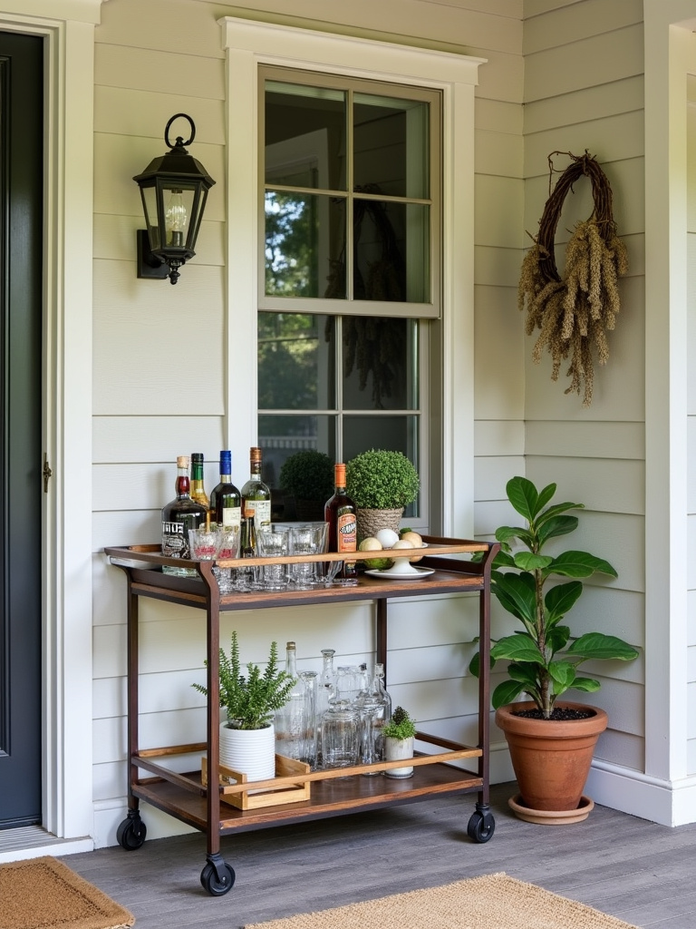 A stylish and functional bar cart on a back porch designed for easy outdoor entertaining.