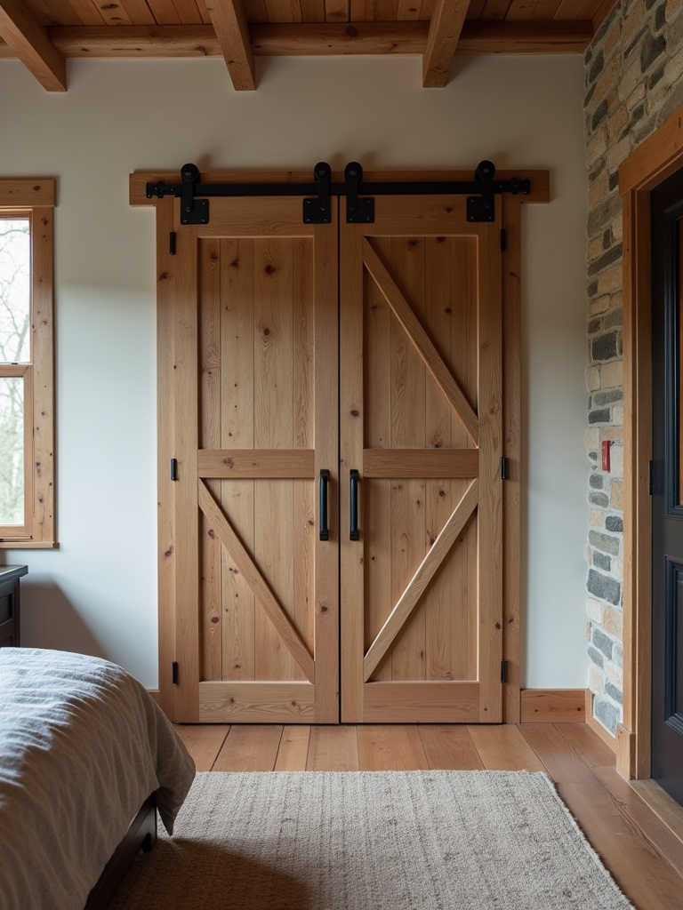 Rustic bedroom with a barn door for the closet.