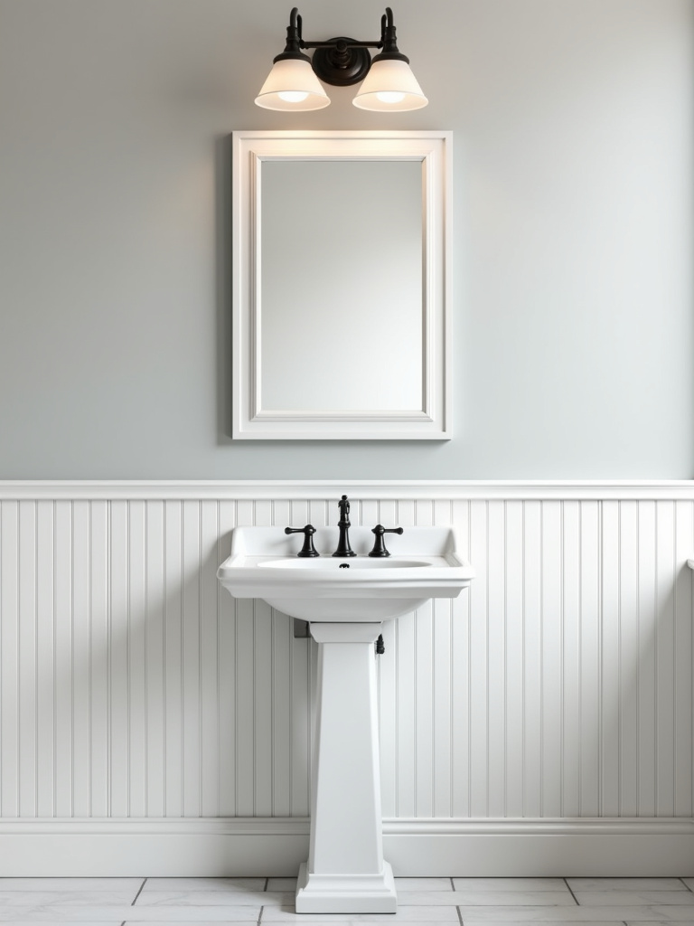 Understated farmhouse bathroom with subtle white beadboard wallpaper wainscoting for classic charm.