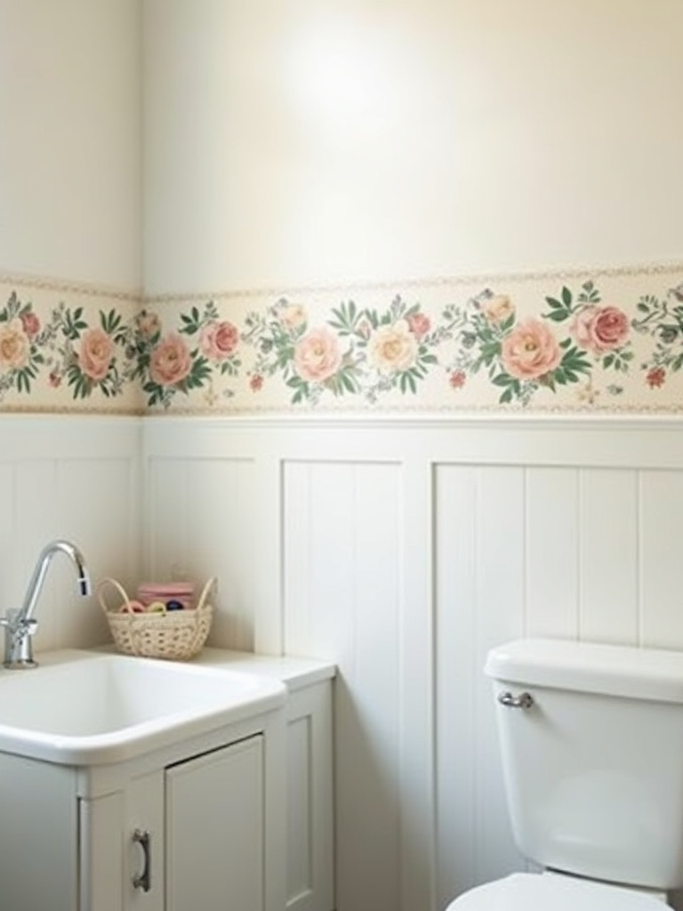 Farmhouse bathroom featuring a subtle floral wallpaper border at the top of the walls, adding a delicate decorative touch.