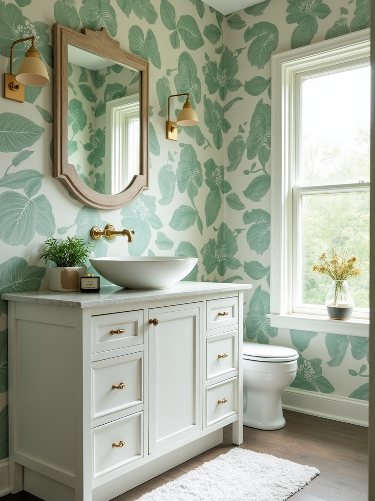 Fresh farmhouse bathroom featuring green and white botanical print wallpaper, bringing a touch of nature indoors.
