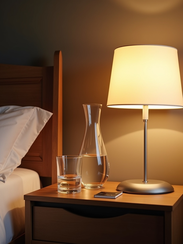 A bedside carafe and glass set sits elegantly on a master bedroom nightstand.