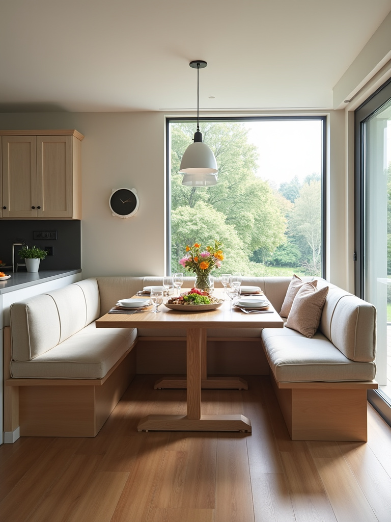 Kitchen table with integrated bench seating in a modern family kitchen.