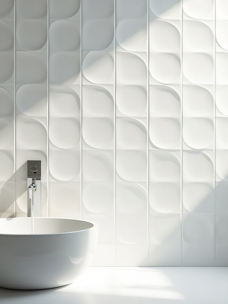A contemporary bathroom featuring beveled white tiles illuminated by soft, natural light.