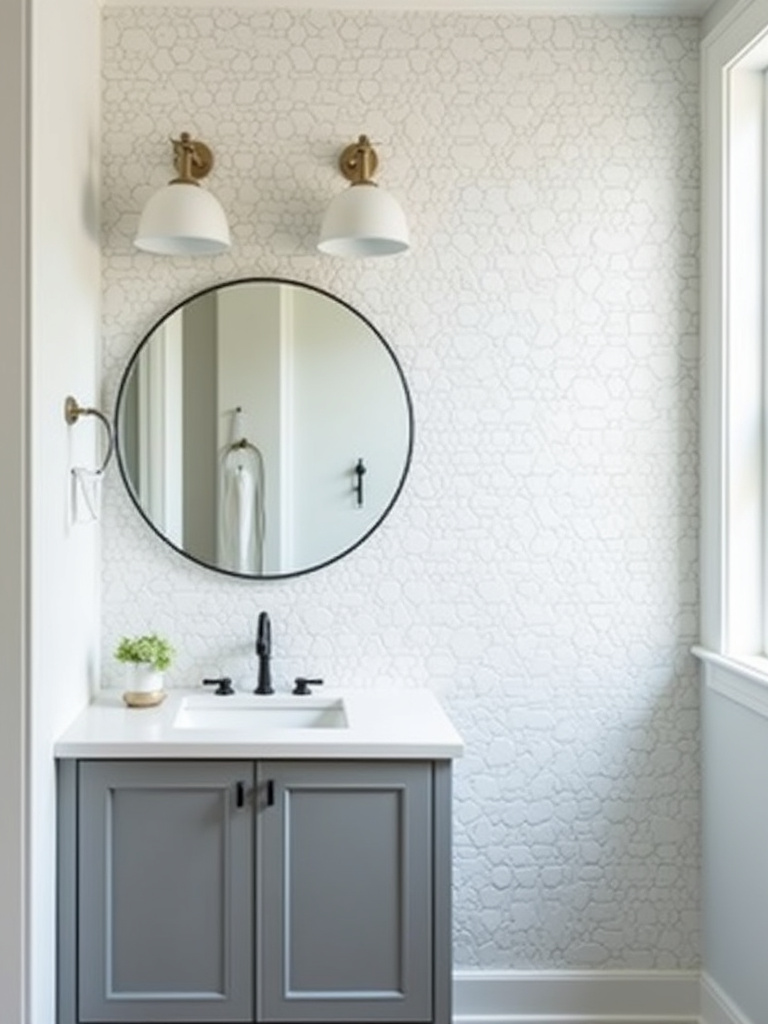 Contemporary bathroom featuring white hexagon-shaped ceramic tile walls and a modern vanity.