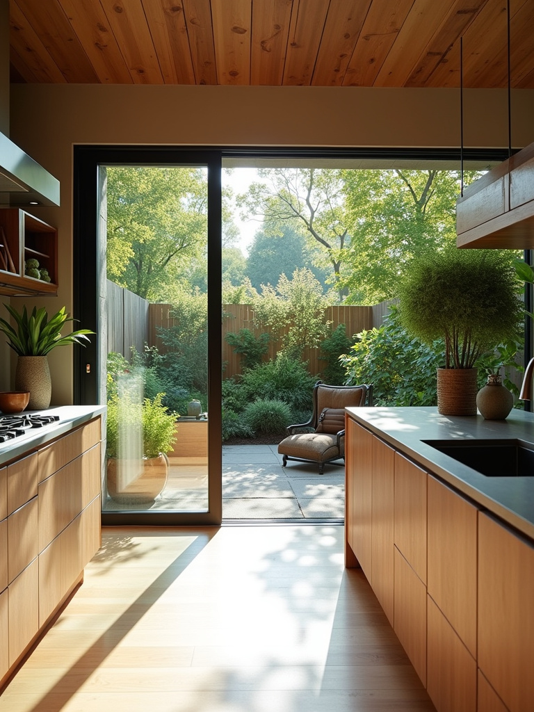 Biophilic kitchen blending indoor and outdoor spaces with natural wood, stone, plants, and garden views