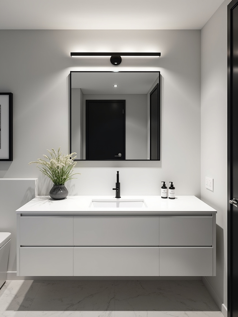 Modern bathroom with black finish vanity lights making a bold and contemporary statement.
