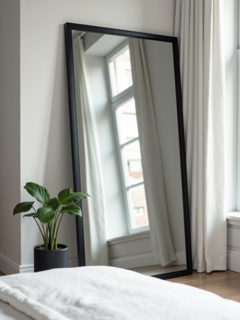 Black framed mirror enhancing light and space in a modern bedroom.