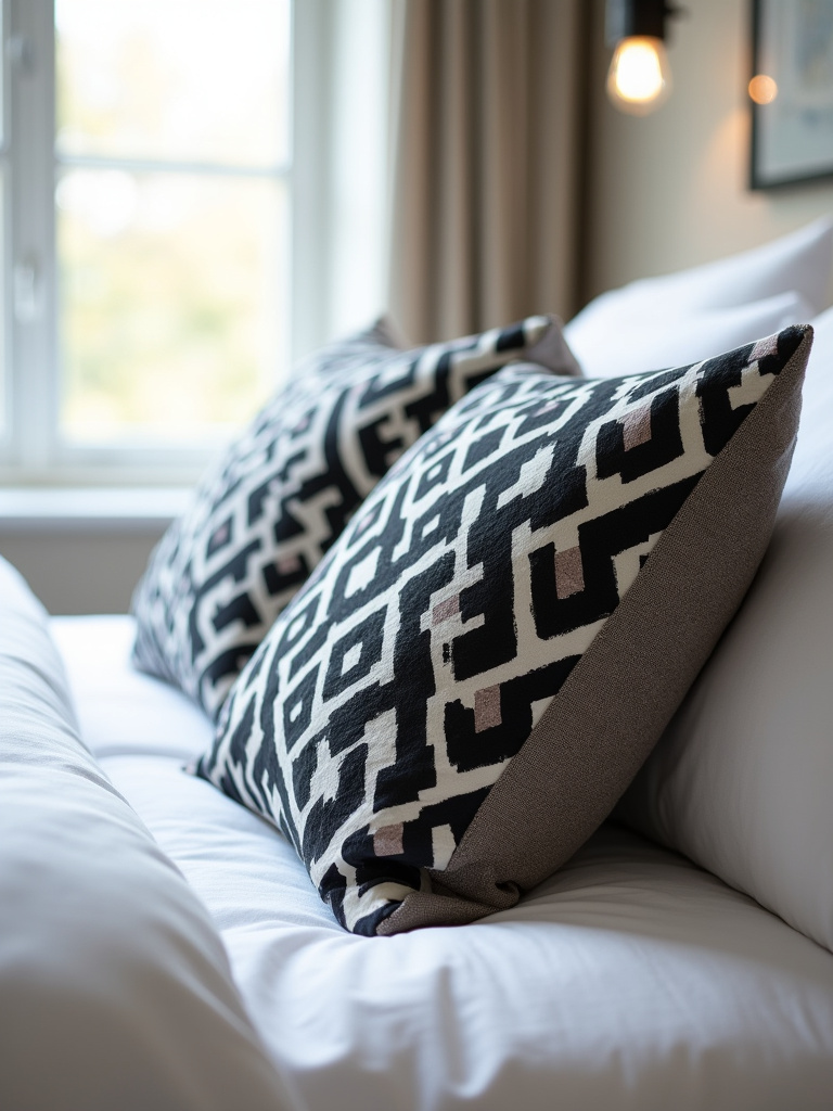 Black geometric patterned cushions as bedding accents in a bedroom.