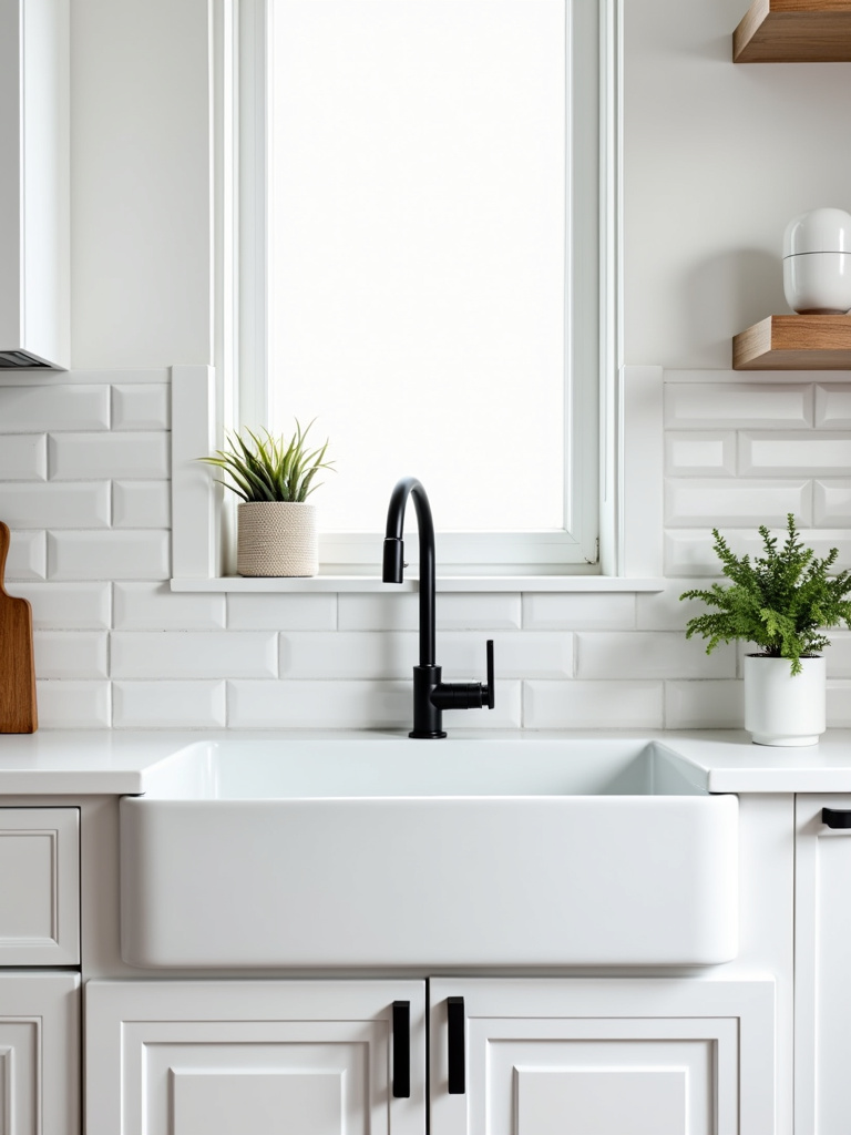 Black metal faucet and cabinet hardware in a bright Scandinavian kitchen with white subway tile