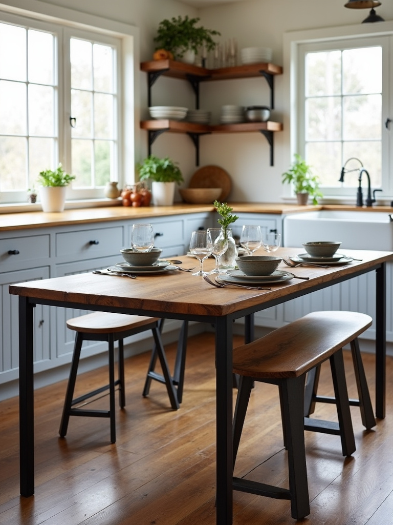 Black metal frame kitchen table with reclaimed wood top in a modern farmhouse kitchen.
