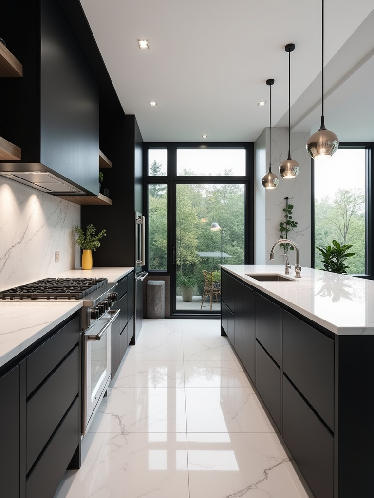 Modern black kitchen with flat-panel cabinets and white marble countertops.