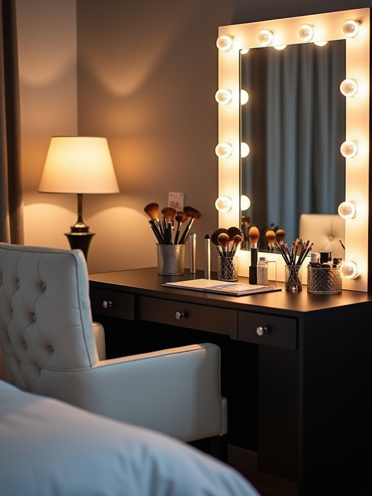 Black vanity desk with a Hollywood style illuminated mirror in a glam bedroom.