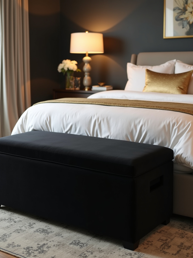 Black velvet ottoman for seating and storage in a glam bedroom.