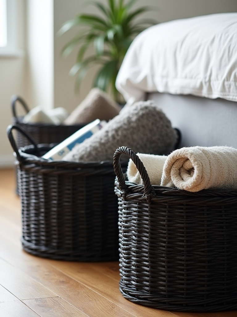 Black woven baskets for stylish storage solutions in a bedroom.