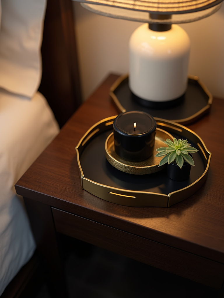 Black and gold decorative tray styling on a bedroom nightstand.
