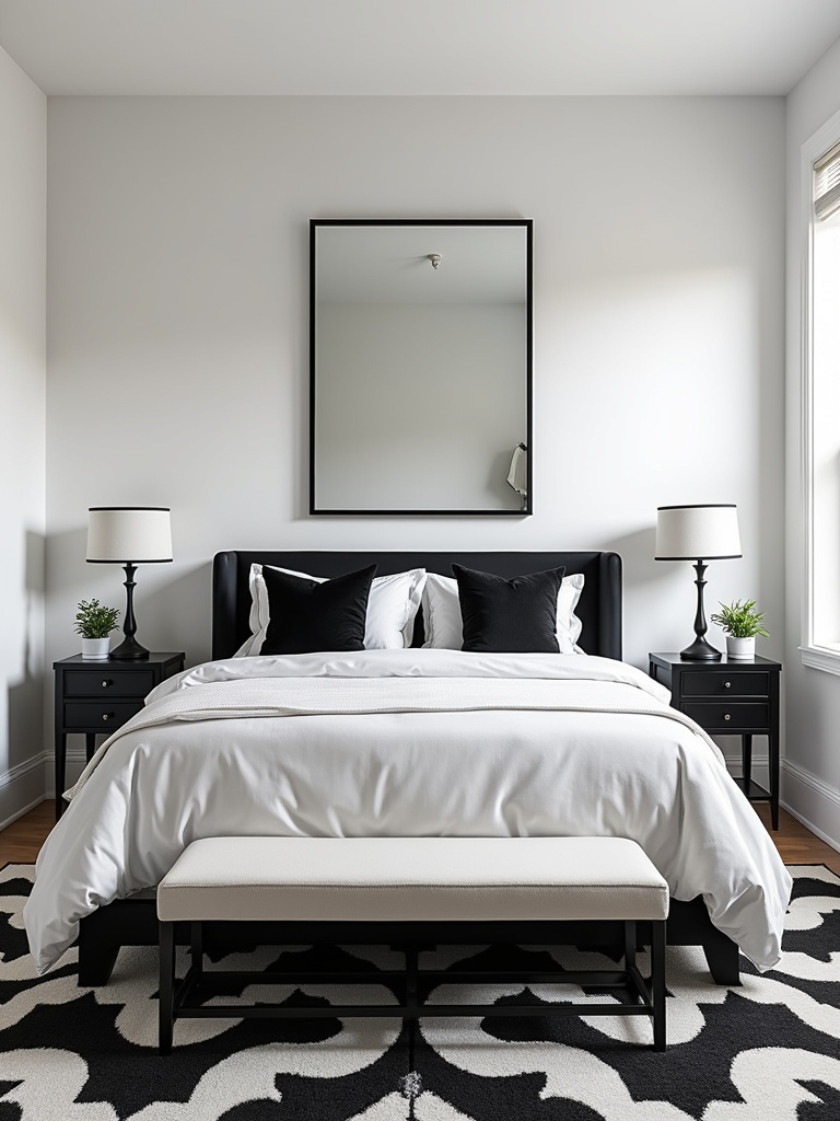 Modern bedroom with black and white accents including a rug, mirror, and pillows.
