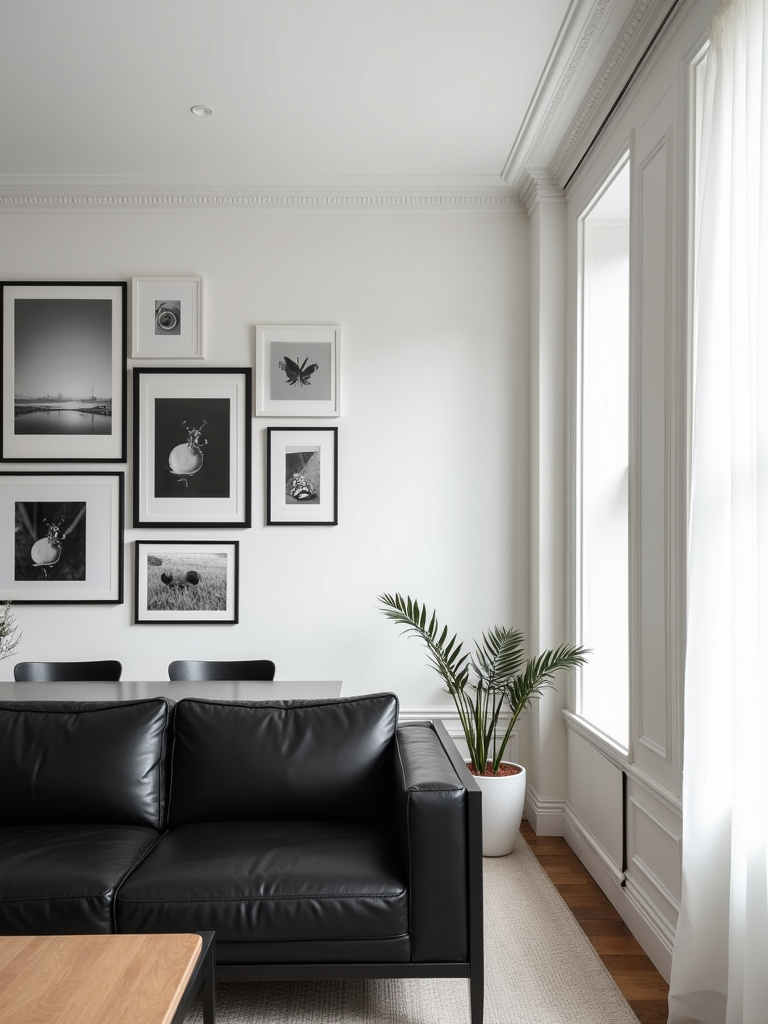 Minimalist elegant living room with a curated collection of framed black and white photography prints in black frames above a black leather sofa.
