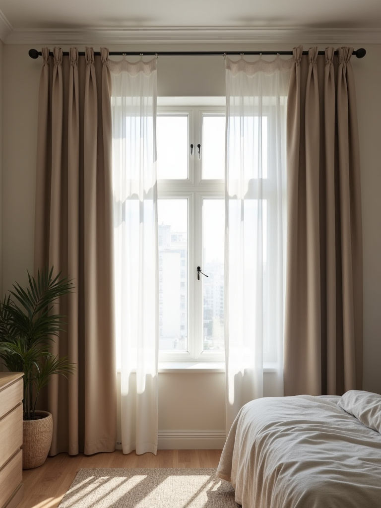 A minimalist bedroom showcasing a large blackout curtain providing privacy and a cozy atmosphere.