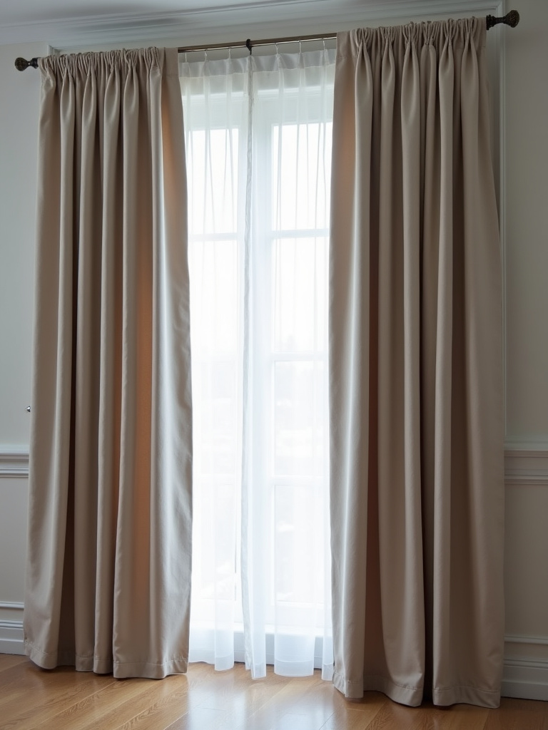 Heavy blackout curtains effectively block all outside light in a master bedroom.