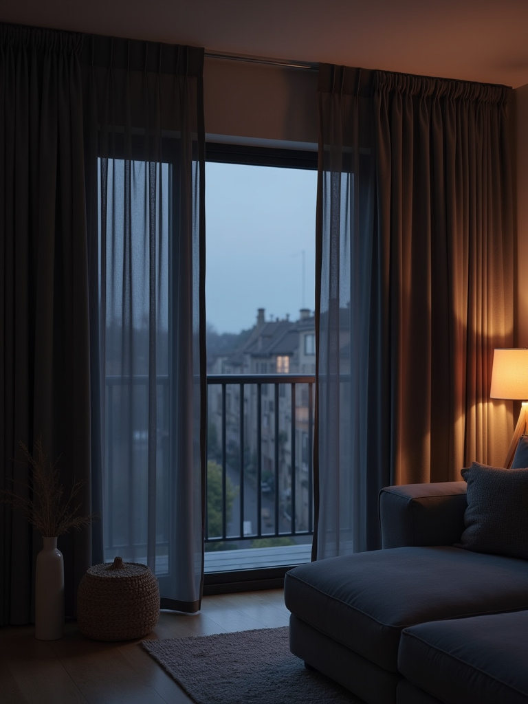 Dark grey blackout curtains providing privacy in a living room at dusk