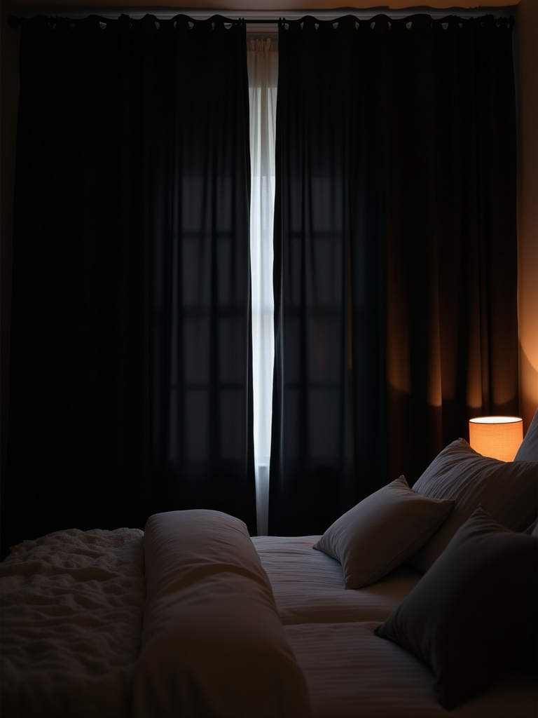 Blackout curtains creating a dark and serene atmosphere in a bedroom.