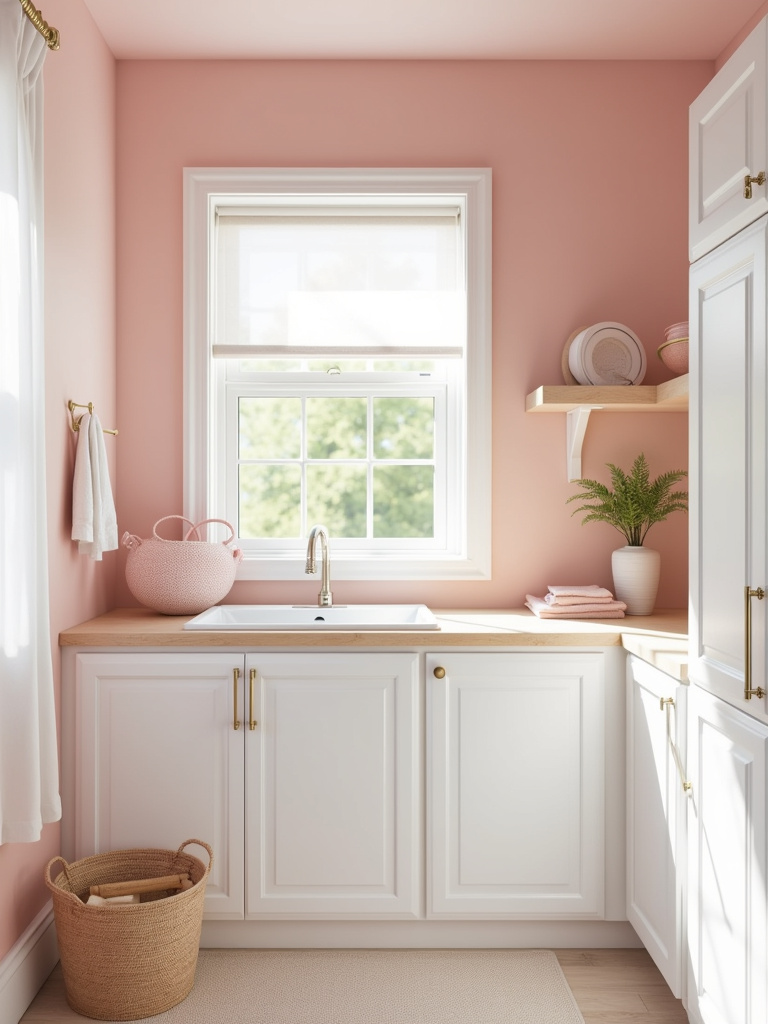 “Delicate blush pink laundry room with gentle light, featuring blush pink walls, white shaker cabinets, a light wood countertop, and pastel accessories.”