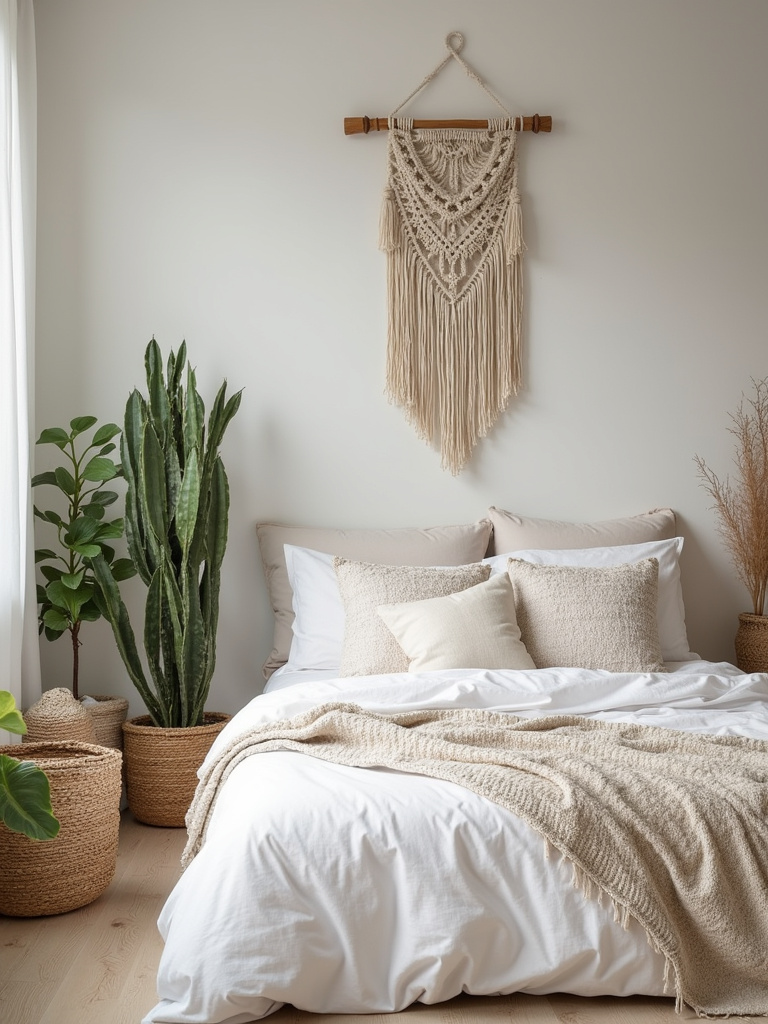 Bohemian white bedroom with layered textiles, macrame, and woven elements.