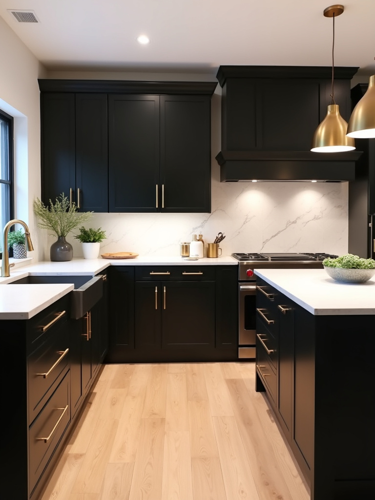 Modern kitchen with matte black slab cabinets, white quartz countertops, and gold hardware, creating a dramatic and stylish statement.