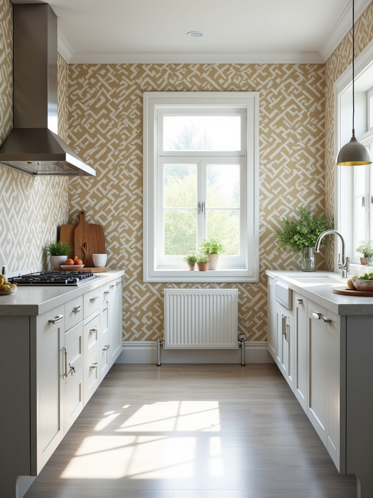 A modern kitchen with a bold geometric patterned wallpaper that serves as a focal point, illuminated by natural light from a window.
