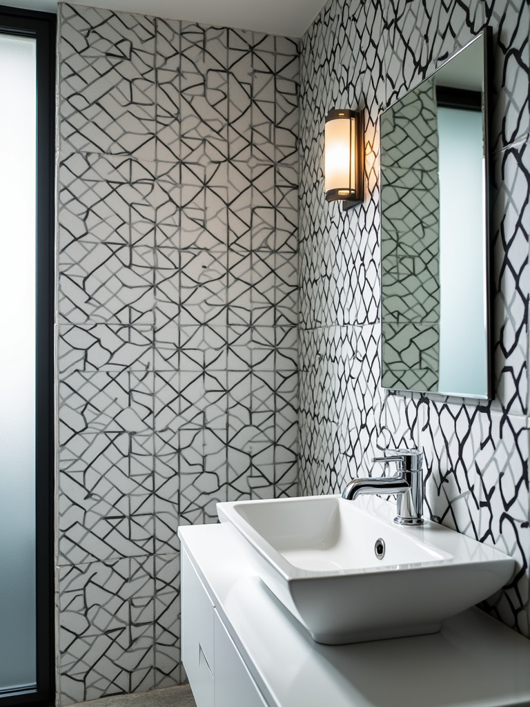 A bathroom featuring a black and white geometric tile pattern on the wall, with bright, even studio lighting.