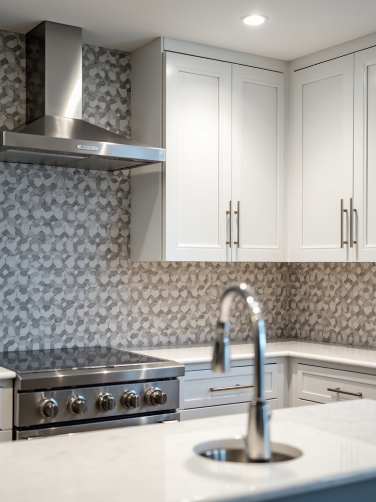 “Contemporary kitchen featuring a hexagonal grey and white geometric tile backsplash, sleek white cabinets, and stainless steel fixtures.”