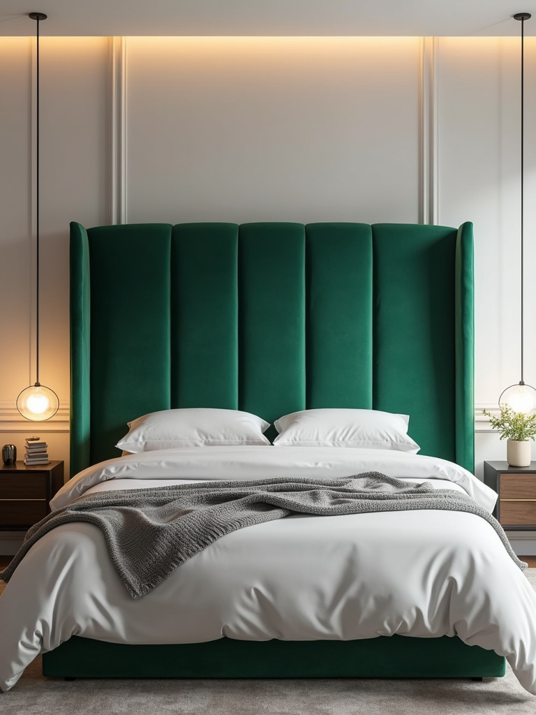 Modern bedroom with a bold emerald green velvet statement headboard.