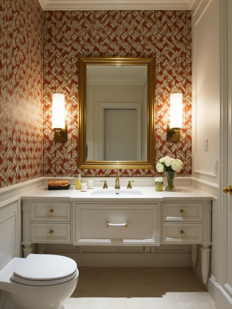 Art deco bathroom featuring a bold geometric wallpaper accent wall behind a gold-framed mirror and vanity.