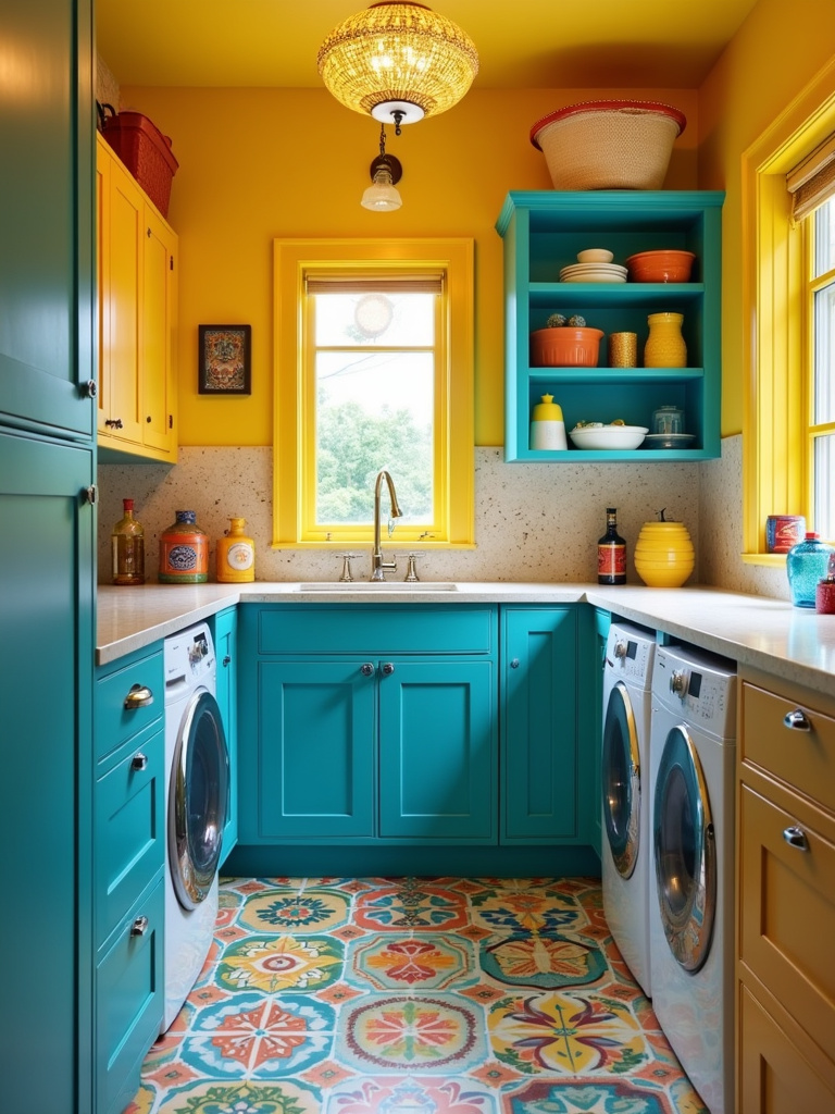 A vibrant laundry room with teal blue cabinets, a colorful patterned floor, and yellow accents, demonstrating a bold and personality-filled design.