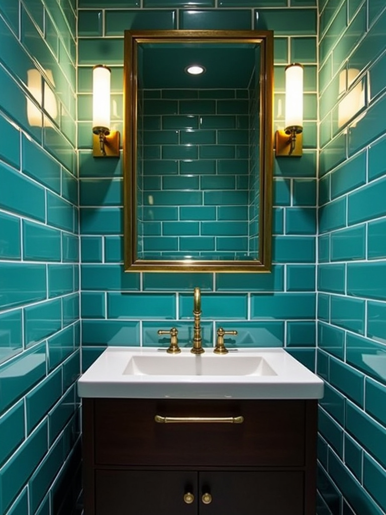 Vibrant bathroom featuring bold teal ceramic tile walls, a brass-framed mirror, and a dark wood vanity.