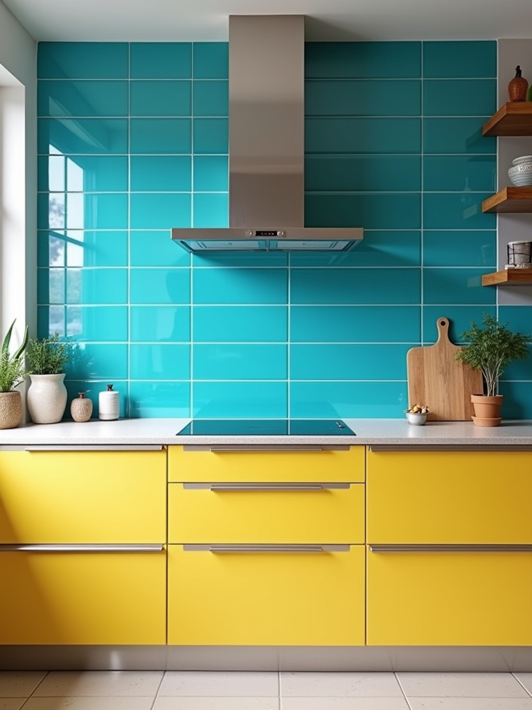 A bright, vibrant kitchen with a saturated blue backsplash, displaying its intense hue and smooth surface.