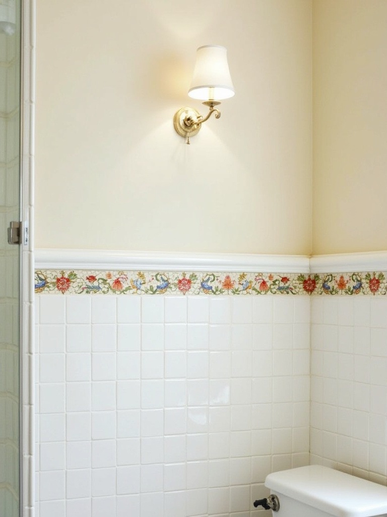 Traditional bathroom with a decorative floral mosaic border tile accent along the wall.