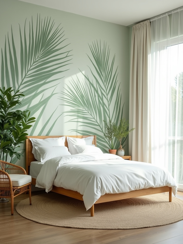 A tranquil bedroom with a light-green botanical wallpaper featuring large palm fronds, complemented by a wooden bed and wicker chair, lit by soft natural light.