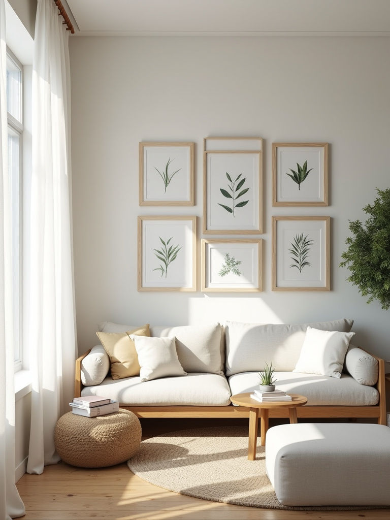 Living room featuring a wall adorned with framed botanical prints, capturing a soft and natural aesthetic.