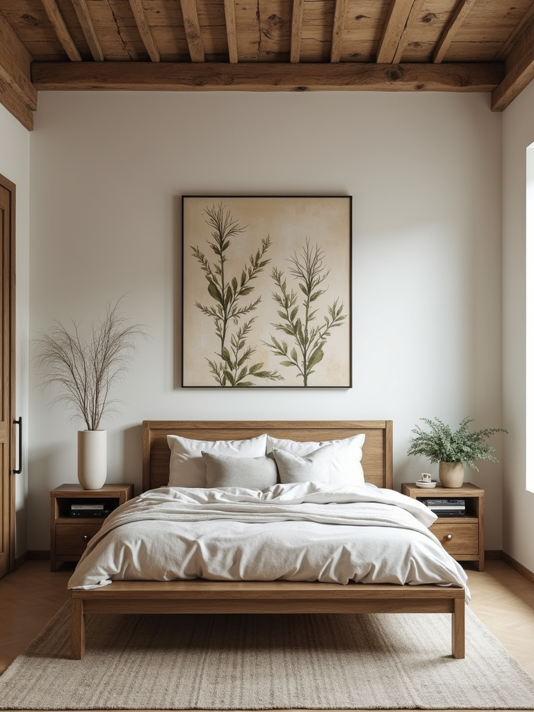 Rustic bedroom decorated with botanical prints.