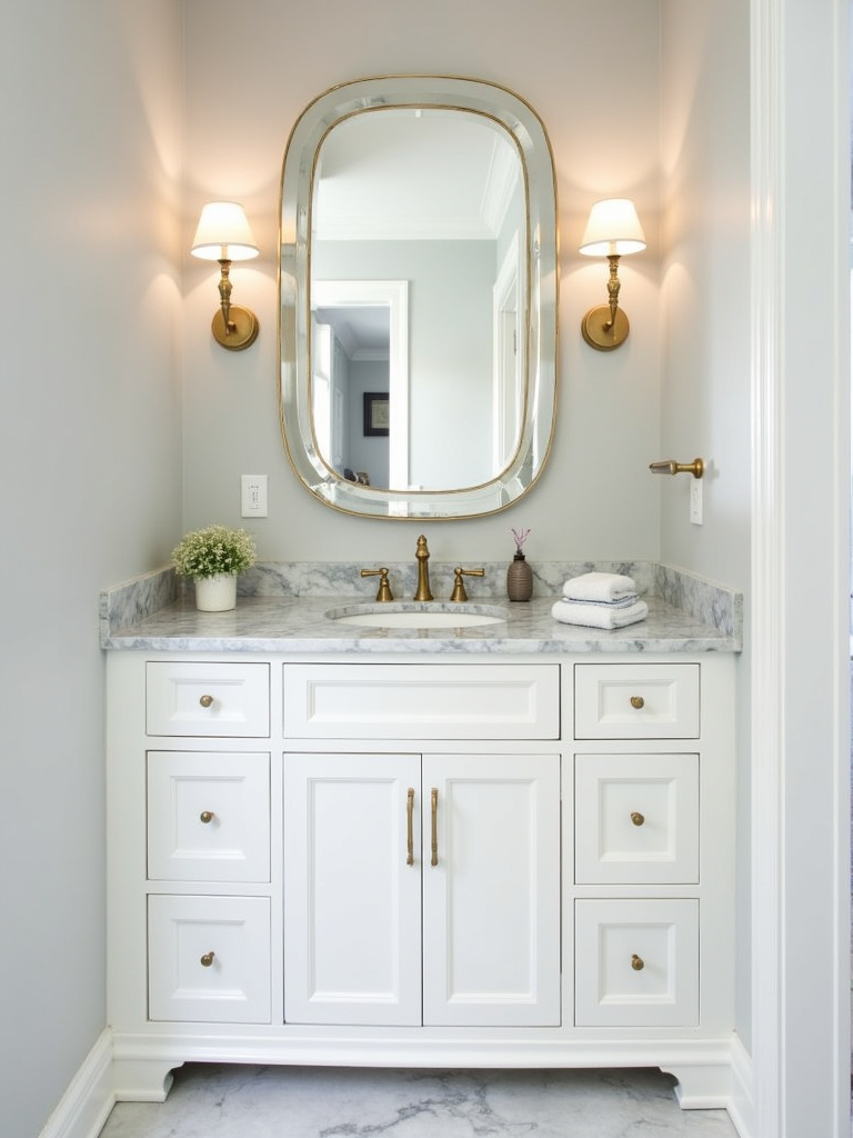 Transitional style bathroom featuring a white vanity with brass hardware and faucet and a marble countertop.