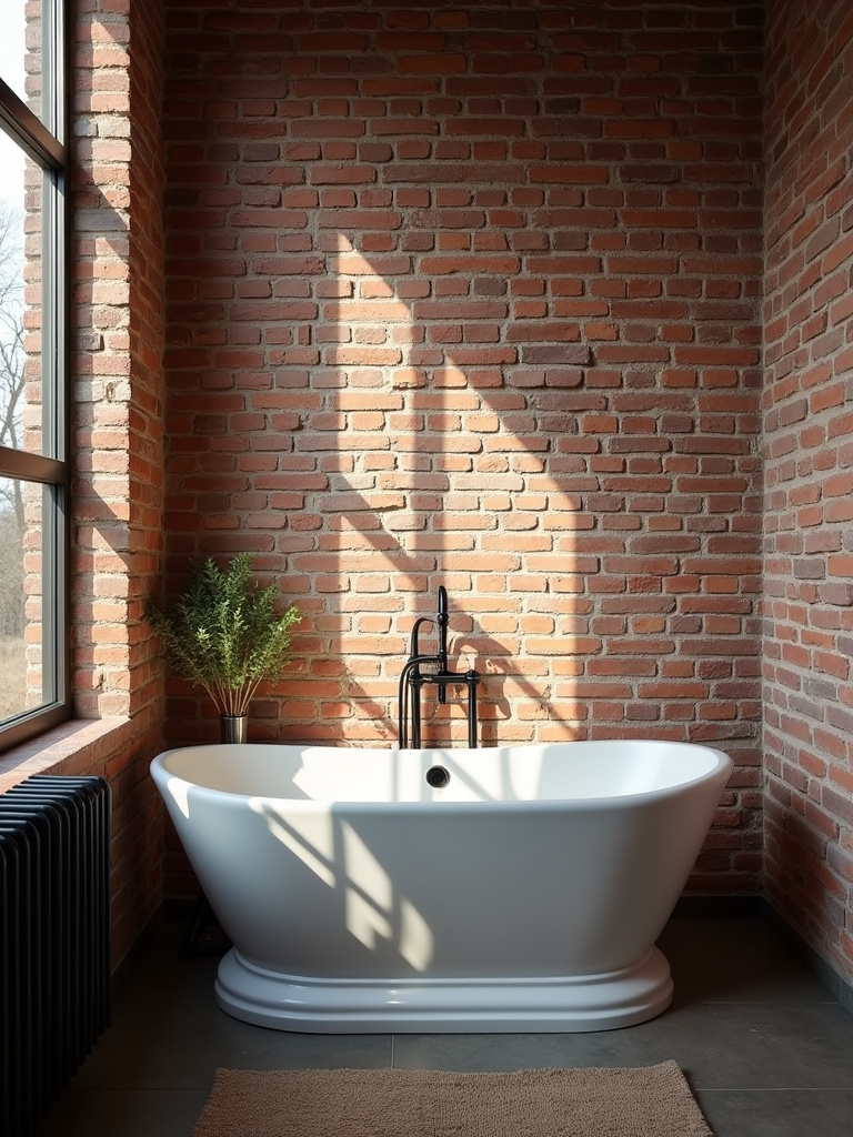 Industrial farmhouse bathroom featuring distressed red brick wallpaper, adding a raw and edgy texture to the space.