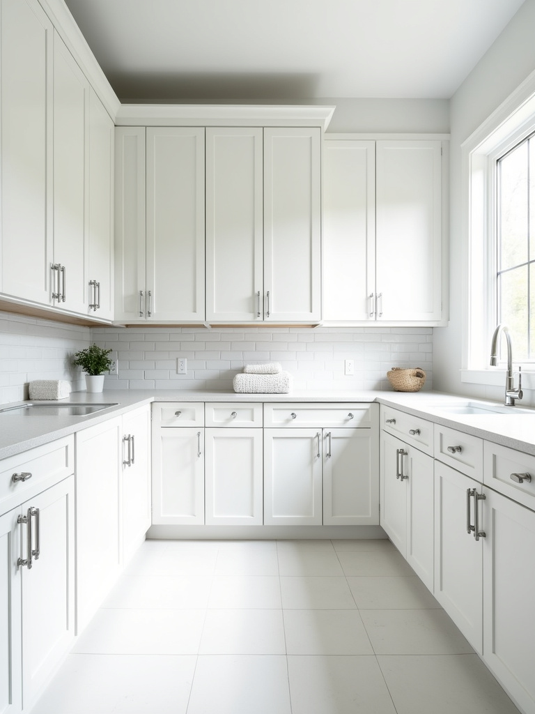 A bright and airy all-white laundry room with white shaker cabinets and subway tile, exemplifying a clean and spacious design.
