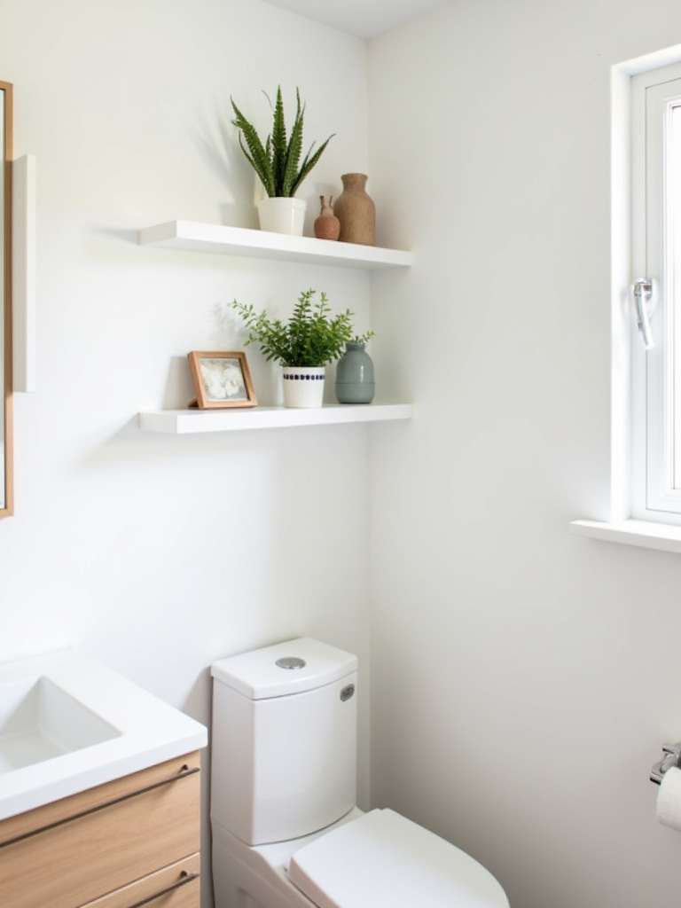 Scandinavian bathroom featuring white floating corner shelves mounted above the toilet, brightening corners with stylish and space-saving wall decoration.