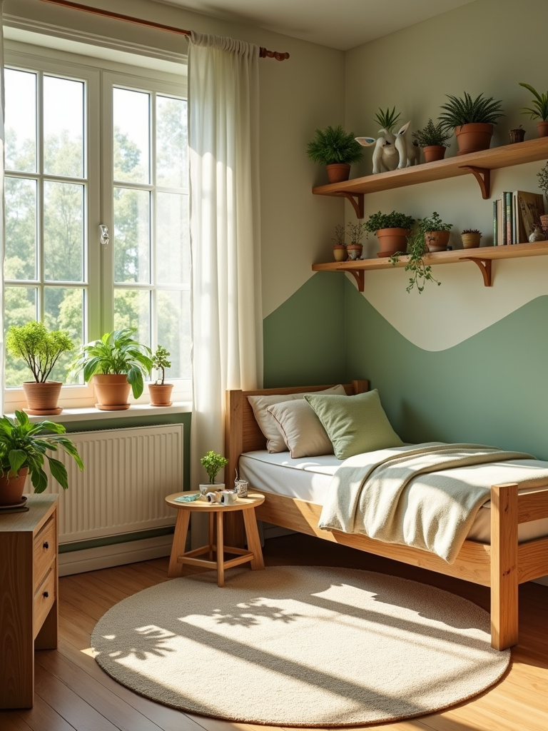 Nature-inspired kids bedroom with plants and natural wood furniture.